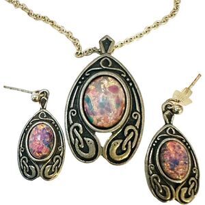 MIRACLE Signed Fire Opal Antiqued Gold Plate Celtic Serpent Necklace Pendant Ear